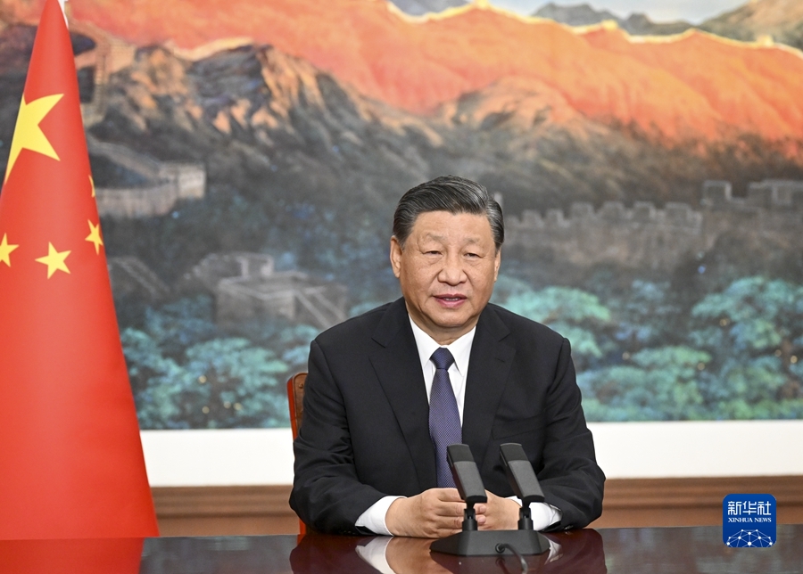11月8日上午，國家主席習近平向2023年世界互聯網大會烏鎮峰會開幕式發表視頻致辭。新華社記者 李學仁 攝