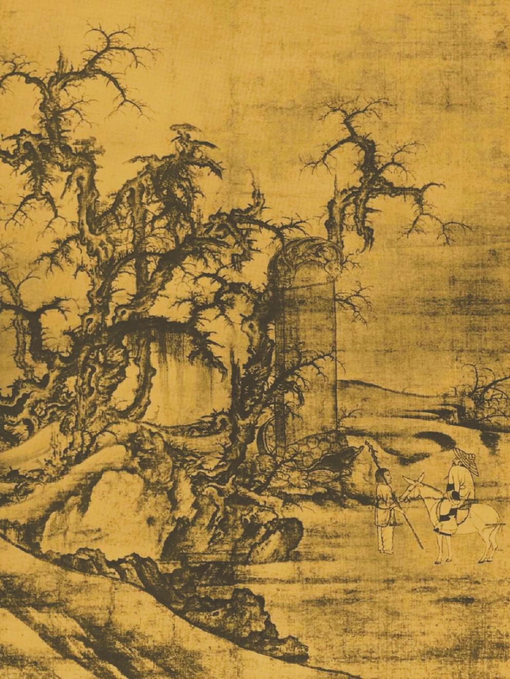 《黑神話：悟空》中的室外場景，隨處可見中國古代山水畫的影子。左圖為游戲畫面，右圖為北宋李成《讀碑窠石圖》。